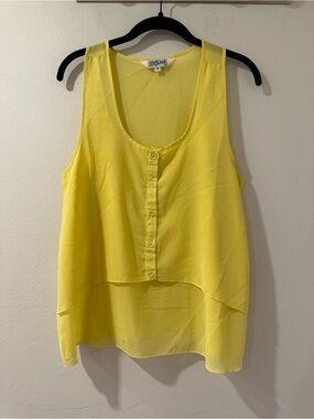 THAMP Women's Yellow Sheer Chiffon Sleeveless Button Front High Low Tank Top M